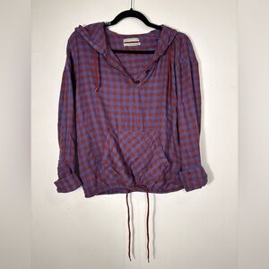 Urban Outfitters red and blue plaid hooded pullover shirt.